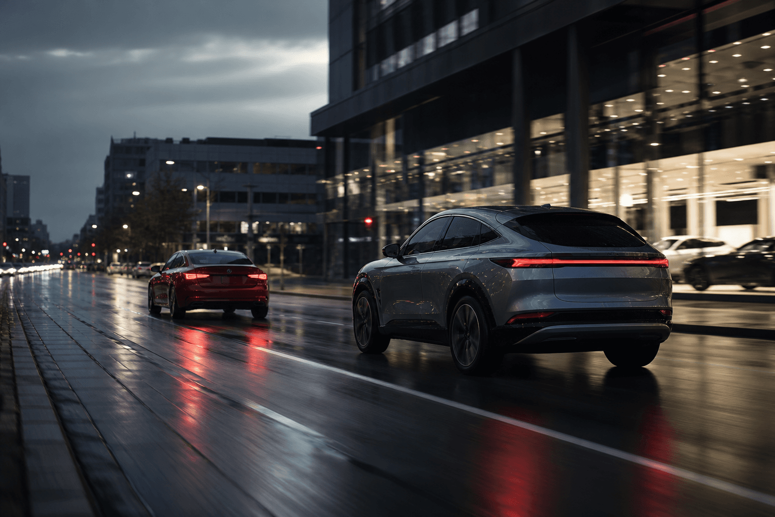 Modern crossover driving through a wet city street