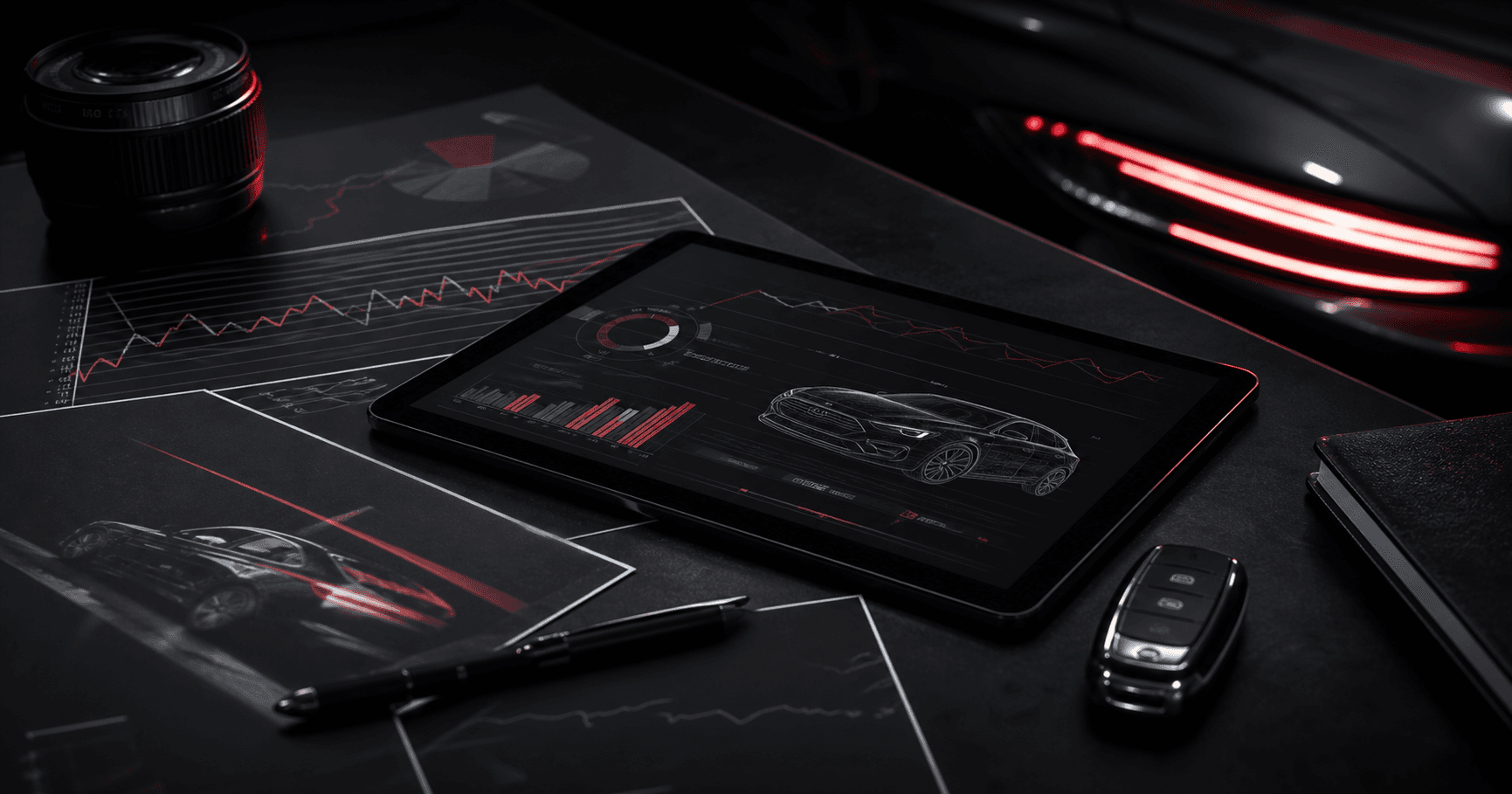 Automotive market analysis desk with abstract charts